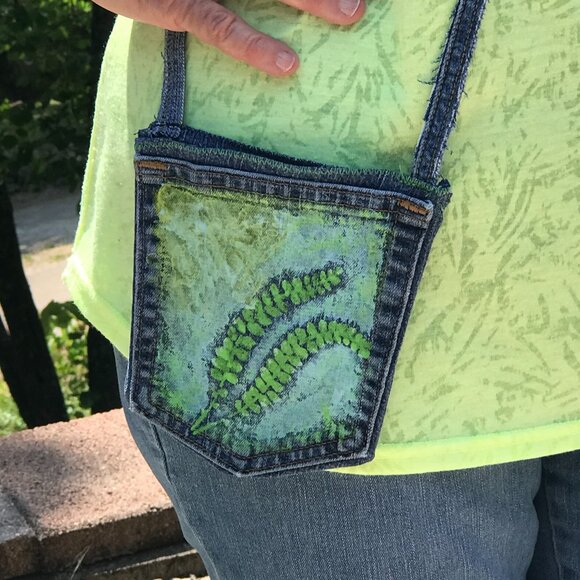 Crossbody Mini Jean Pocket Purse: Handmade Over Shoulder Floral Cell Phone Bag - Picture 8 of 10